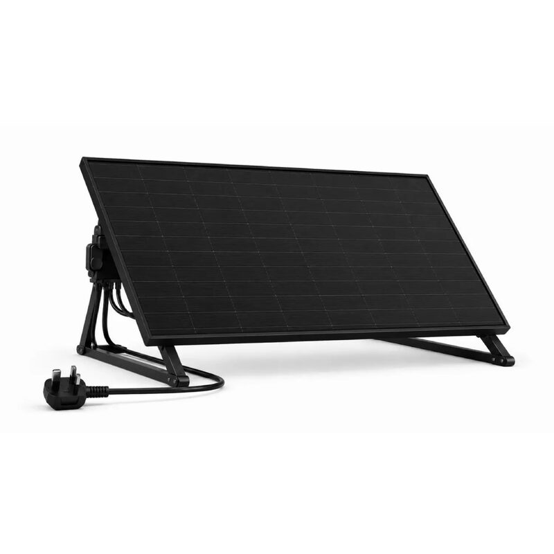 A black plug-in solar panel on a metal stand with a UK three-pin plug cable