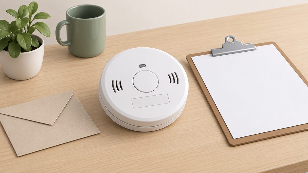 A round white carbon monoxide alarm with a blank nameplate sits on a kitchen table beside a blank certificate sheet on a clipboard and a sealed envelope, suggesting a householder checking a certified product before buying.