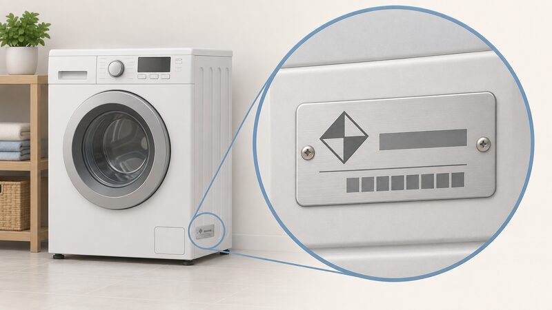 A close-up of a product nameplate on a household appliance, showing a kite-shaped certification mark beside a standard number rendered as blank blocks, with a serial number line beneath, drawn as a physical label in its setting.