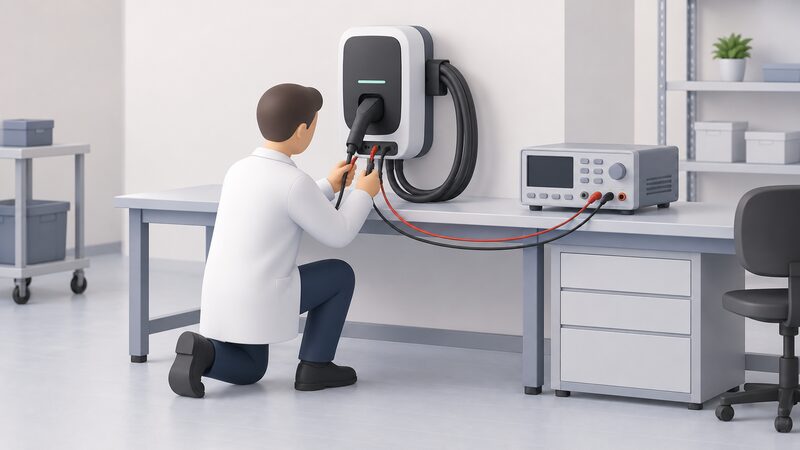A simplified technician in a plain laboratory setting kneels beside an electric vehicle charge point mounted on a bench, connecting its cable to a bench-top test instrument with test leads, showing the accredited lab testing described in the section.