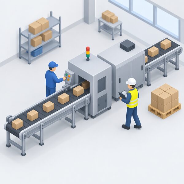 An isometric assessor with a clipboard walks along a factory production line, inspecting the machinery, conveyor and products being made rather than a single sample, while a worker operates the line in a simple factory interior.