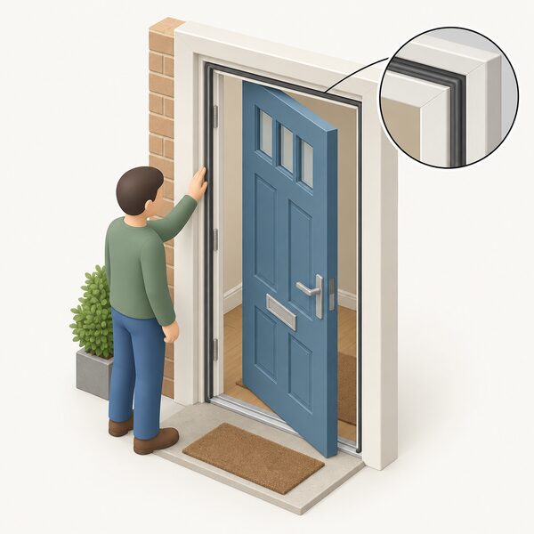 A close-up of an exterior door standing slightly open, showing a continuous strip of draught proofing fitted neatly into the rebate of the door frame all the way round, with a small isometric figure touching the strip on the hinge side to inspect it.