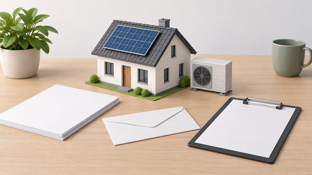 A small model house with a solar panel on its roof and a heat pump unit beside it stands on a table next to blank paperwork, a sealed envelope and a clipboard with a blank certificate sheet, arranged as the moment a household's building work is signed off.