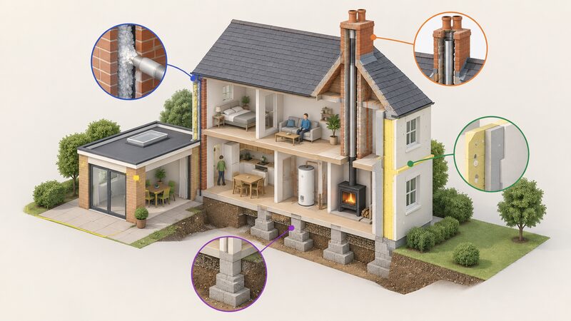 A cutaway diagram of a house showing Regulation 3 categories of building work: a new extension at the side, cavity wall insulation being inserted, a hot water cylinder and fuel-burning appliance with flue liner as controlled services, underpinned foundations, and external wall insulation on a thermal element.