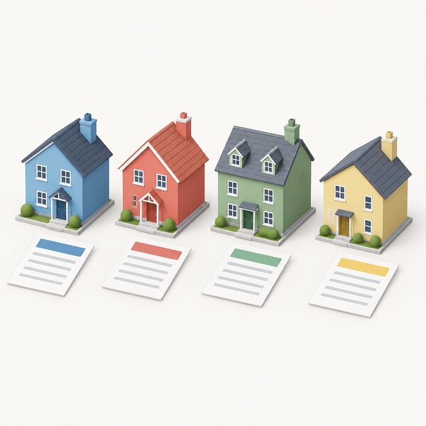 Four small simplified houses in a row, each in a different plain colour, each with a document sheet lying beside it showing only blank lines and plain colour bands, suggesting each UK nation has its own building rules.