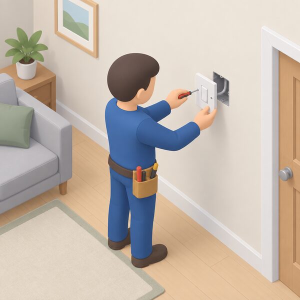 A simplified electrician figure fitting a new light switch on an existing circuit in an ordinary room wall of a home, away from any kitchen or bathroom, with the switch faceplate being screwed onto a wall-mounted back box and a short length of cable running into the wall.