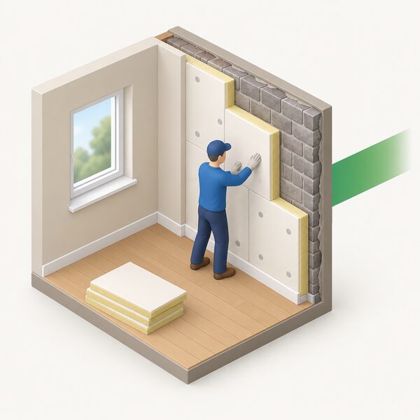 An interior room of an existing home where a solid external wall is being upgraded with internal insulation, shown as a cutaway with insulation boards being fitted over the masonry and a plain colour band indicating the improved thermal performance.