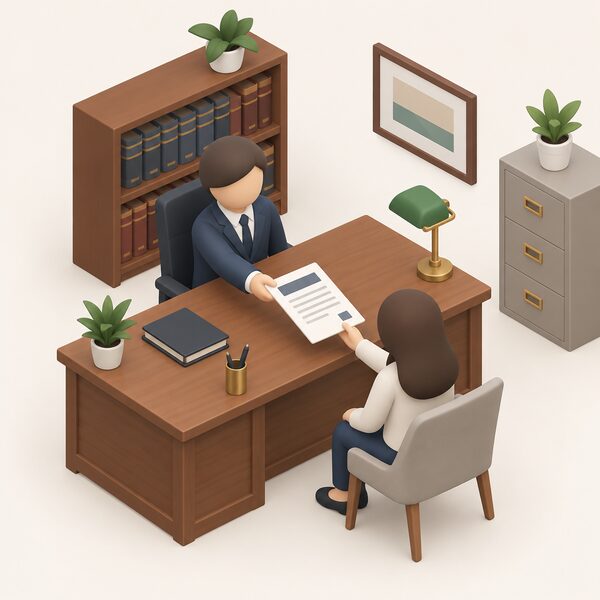 A completion certificate as a physical paper document lying on a solicitor's desk in an office, held or passed across by a small simplified figure, its content shown only as blank lines and plain blocks so nothing readable appears.