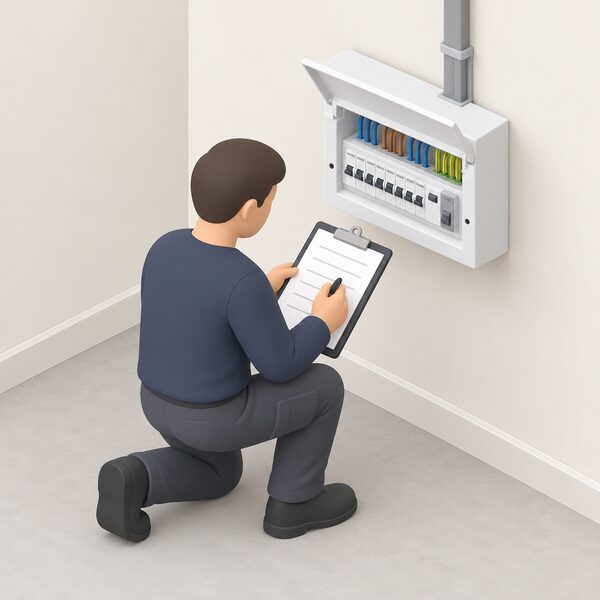 A registered installer in plain work clothing kneels beside a newly installed wall-mounted electrical unit in a home, completing a certificate on a clipboard with a pen, the self-certification record for notifiable electrical work shown as blank lines only.