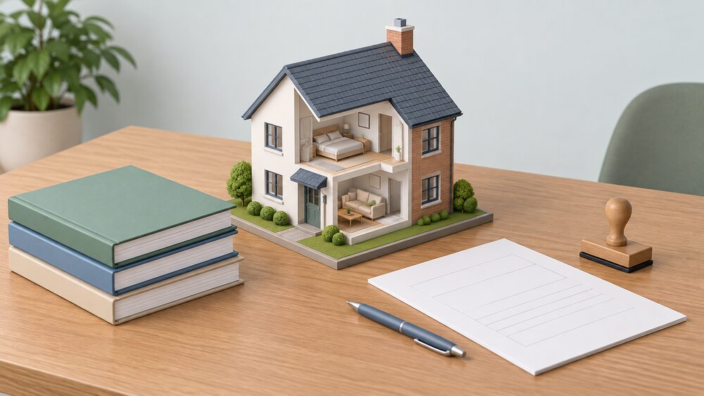 A small cutaway model of a house sits on a wooden table beside a stack of plain-covered bound booklets, a blank application form, a pen and a council-style stamp, suggesting a building regulations application for home energy work.
