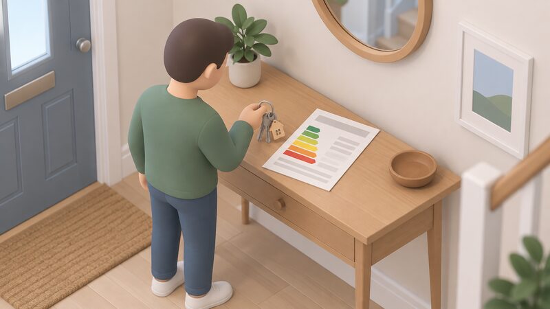 A simplified isometric figure of a new homeowner holding a set of house keys beside an energy performance certificate lying on a hall table, the certificate shown as a physical document with blank lines and plain colour bands and no readable content.