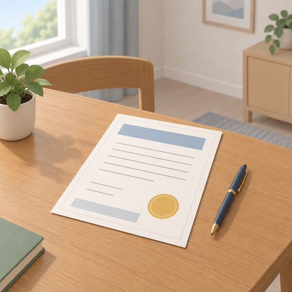 A completion certificate as a physical document lying flat on a wooden table beside a pen, shown in a simple home interior with no readable text on the certificate, only blank lines and plain colour bands.