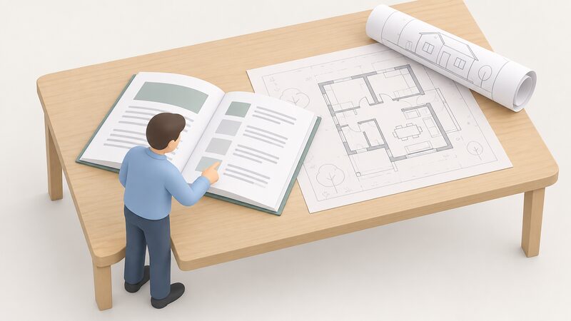 An open Technical Booklet lies on a desk beside a rolled and a flat set of house plans, with a small isometric figure of a designer studying the open pages and pointing at a plan, showing the booklet as guidance used alongside drawings rather than as the law itself.