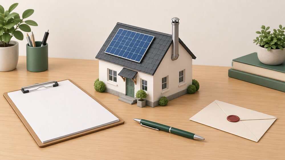 A small model house with a solar panel on its roof and a flue pipe standing on a desk beside blank paperwork on a clipboard, a pen and a sealed envelope, representing the approval documents for controlled building work in Wales.