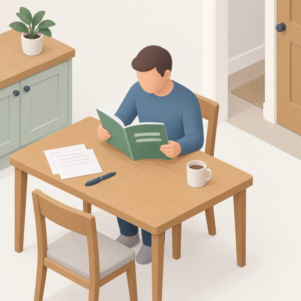 A householder seated at a kitchen or hallway table consulting a printed Welsh Approved Document guidance booklet, shown as a physical bound document with a plain colour cover and blank line blocks for its title, held open beside a pen and a few loose notes.
