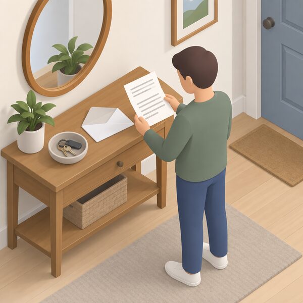 A plain envelope addressed to a homeowner lying on a hall table beside a house key bowl, opened to reveal a folded enforcement notice letter whose text appears only as blank ruled lines, with a simplified isometric figure of the owner standing nearby holding the letter.