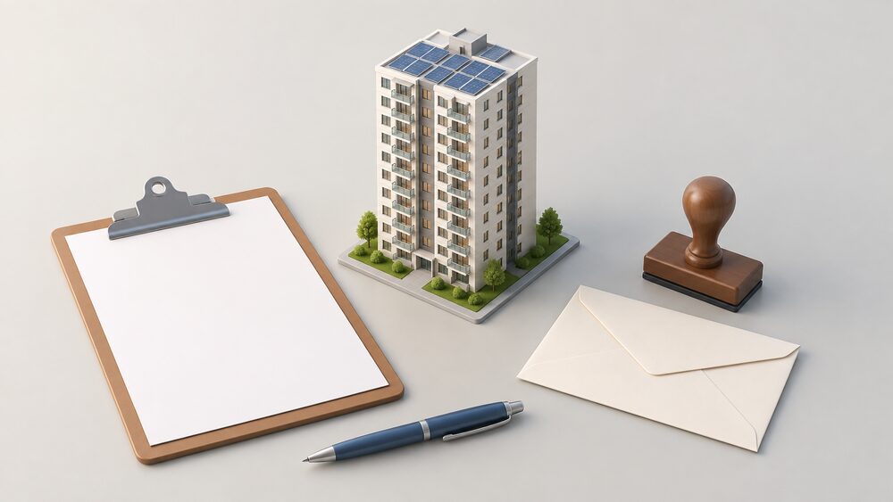 A small plain model of a tall residential block with a rooftop solar array stands on a desk beside a blank application form on a clipboard, a sealed envelope and a pen, with a government-style rubber stamp resting nearby.