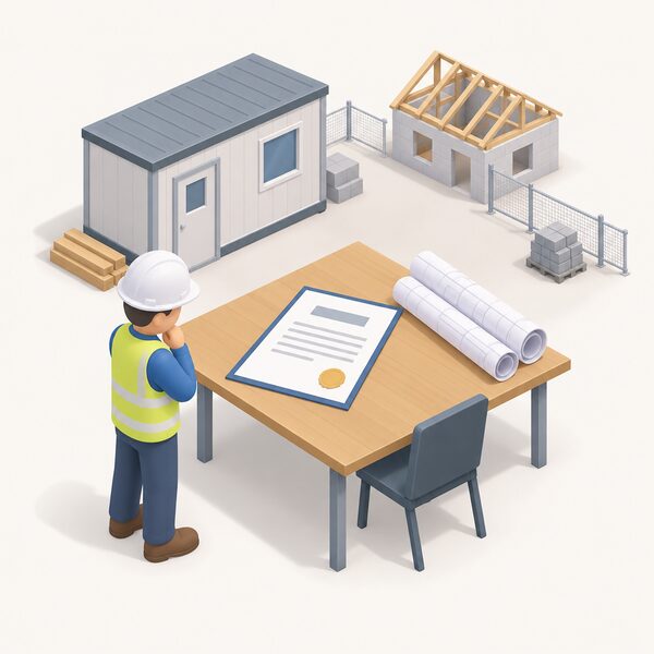 A building control approval certificate lying on a site office table beside rolled building plans, with a small isometric figure pausing before starting work, showing that the approval document must be obtained before any building work begins.