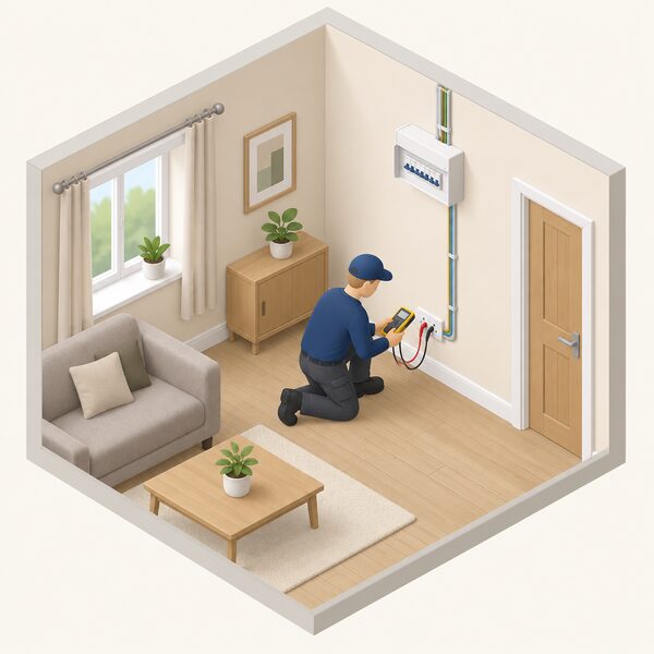 A registered electrician in plain work clothing, shown as a small simplified isometric figure, kneels in a dwelling room checking the wiring of a newly installed electrical circuit, using a test instrument at a socket outlet with the consumer unit visible nearby.