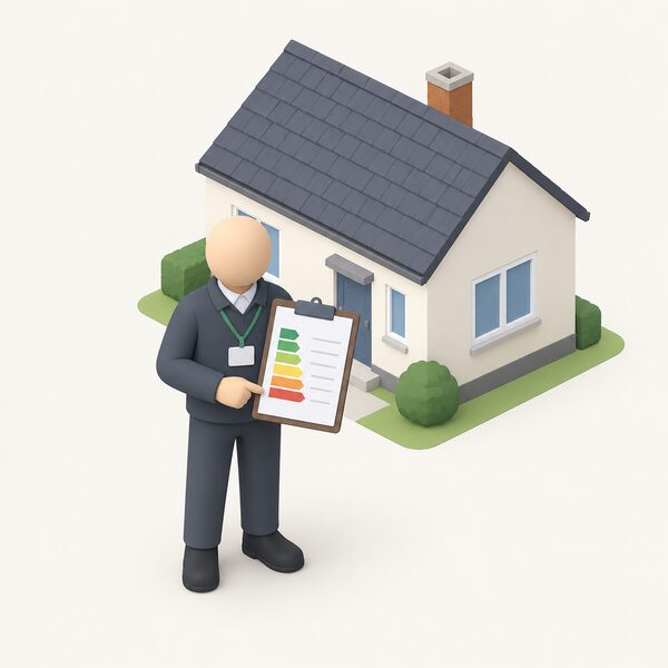 An accredited energy assessor standing outside a simple dwelling, holding a clipboard with an energy performance certificate shown as a printed sheet with plain colour bands and blank lines, the home's walls and roof visible behind.