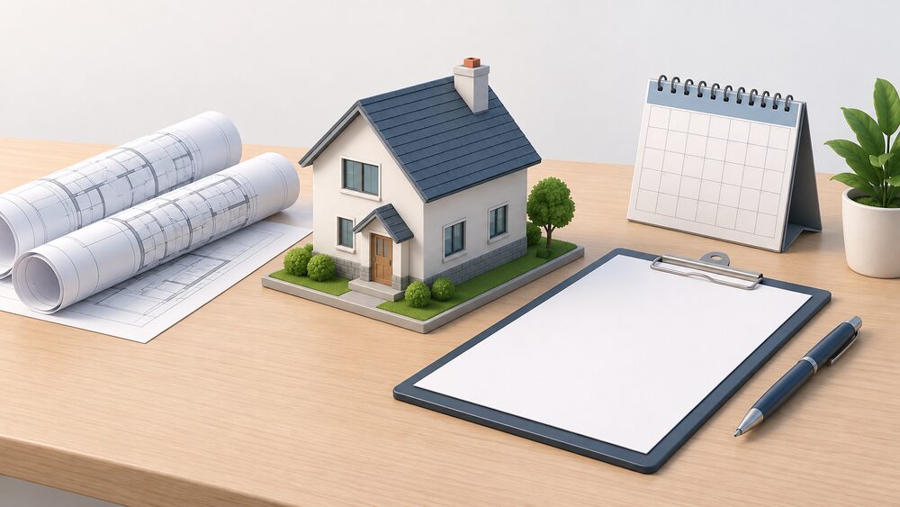 A small model house sits on a table beside rolled architectural plans, a blank application form on a clipboard, a pen and a calendar, representing a building warrant application prepared before any work begins.