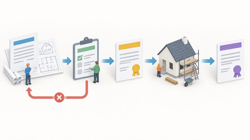 A printed flowchart sheet pinned to a wall showing five plain connected blocks in sequence, from an application form with attached plans, through an assessment block, a granted warrant document, a block representing work on a small house outline, to a final completion certificate document, with an arrow returning from the assessment block to the application for a rejected case.
