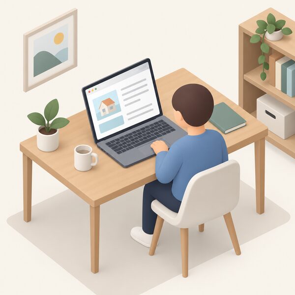 A laptop on a desk displaying the electronic domestic handbook as a document page on screen, with a plain browser window and blank content blocks, read by a simplified figure seated at the desk.