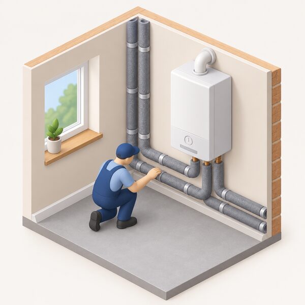 A cutaway interior corner of a home showing a wall-mounted boiler connected to a row of pipes wrapped in thick insulation lagging, with a small isometric installer figure checking the pipework, illustrating Section 6 guidance on heating systems and pipe insulation.