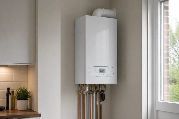 A white wall-mounted combi boiler with copper pipework installed in a kitchen corner
