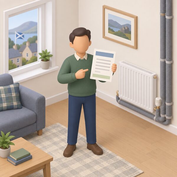 A homeowner standing in a finished room of their house holds up a completion certificate as a physical paper document, its content shown only as blank lines and plain colour bands, with a radiator and insulated pipework visible in the background.