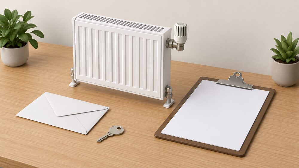 A small model of a panel radiator with a thermostatic valve on top stands beside a blank application form on a clipboard, a sealed envelope and a house key on a wooden table, suggesting a heating alteration being checked against approval paperwork.