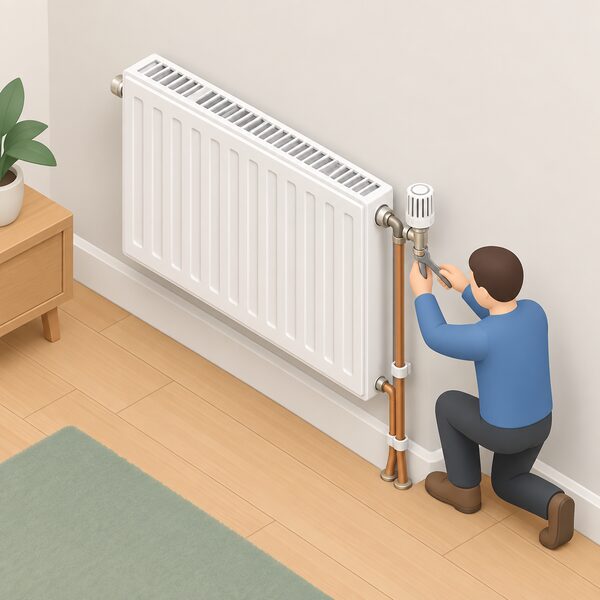 A wall-mounted radiator in a simply furnished room, connected by visible copper heating pipework running from its valve down to the floor, with a small isometric figure tightening the valve connection, showing the kind of radiator and pipework work the section says does not need a warrant.