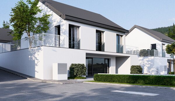A rendered modern white house with a heat pump unit installed beside the entrance