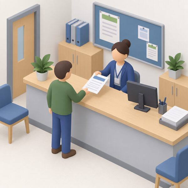 A simplified isometric figure stands at a counter in a local authority building standards office, receiving a printed building warrant document shown as a physical sheet with blank lines and plain colour bands, with a council desk and notice board behind.