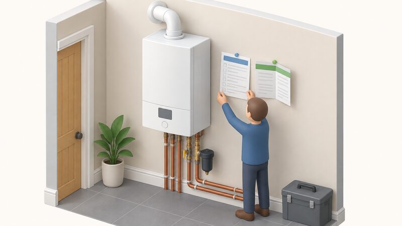 A wall-mounted gas boiler with a small isometric figure pinning a service record sheet and a folded warranty document to the wall beside it, both shown with blank lines and plain colour bands instead of readable text.
