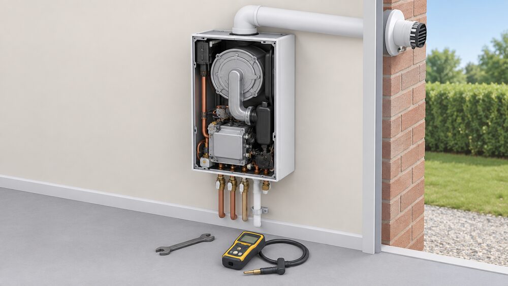 A wall-mounted gas condensing boiler with its front cover removed, its flue passing through the external wall to the open air, and an engineer's spanner and gas testing tools resting on the floor below it.