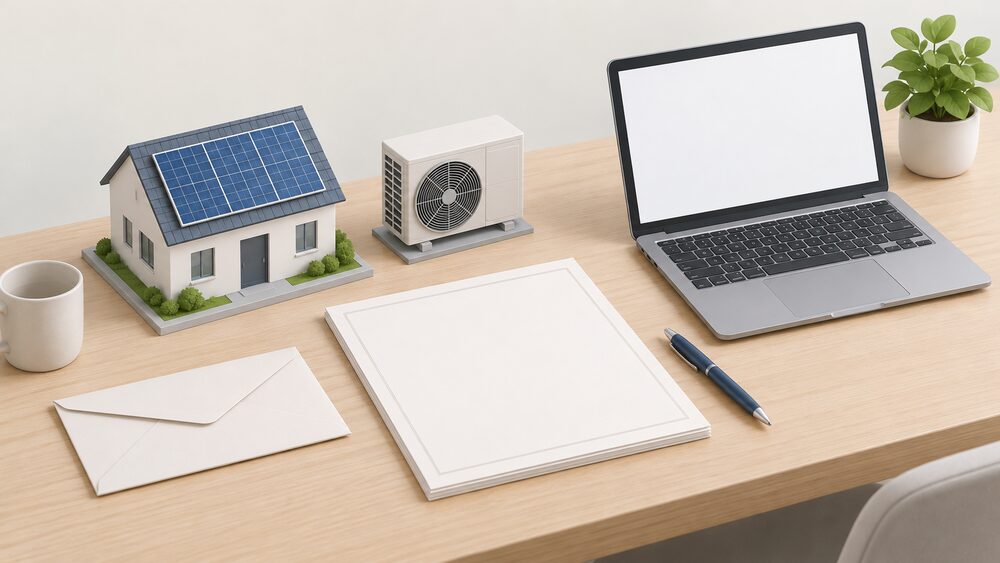 A small rooftop solar panel model and a tiny air source heat pump model stand on a desk beside blank paperwork, a sealed envelope, a laptop with a blank screen and a pen, representing the certificate that records a renewable installation at a home.
