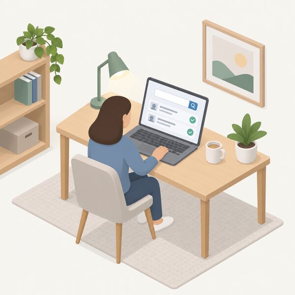 A person at a home desk using a laptop showing the Find an Installer online search page, with a plain search box and simple result entries, confirming an installer's certification on the MCS website.