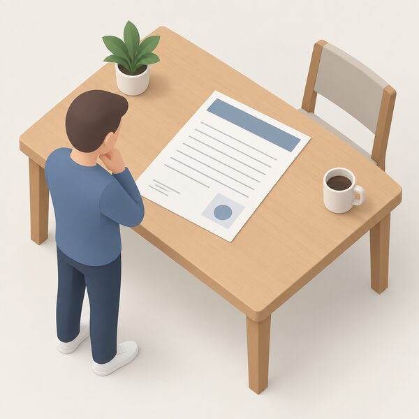 A single paper MCS installation certificate lying flat on a household table, drawn as a physical document with a plain header band, blank ruled lines and a simple seal-like block, beside it a small simplified isometric figure of a homeowner looking at it.