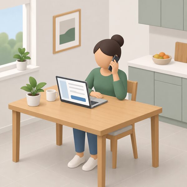 A simplified isometric household figure at a kitchen table holding a phone to their ear, with a laptop beside them showing an online complaint form as blank lines and plain blocks, no readable text.