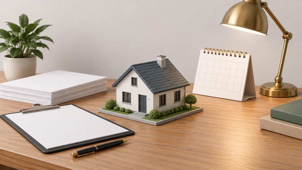 A small model house sits on a wooden table beside a stack of blank official-looking paperwork with a clipboard, a blank desk calendar and a brass desk lamp, suggesting the legal framework that shapes a home's future heating.