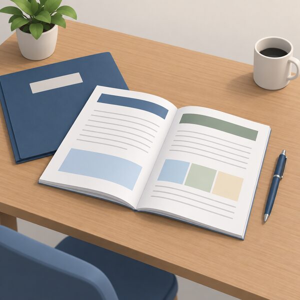 A printed government delivery plan document lying open on a wooden desk, its pages showing plain colour bands and blank lines where proposals and policies would be, beside a closed folder and a pen, with no readable words or figures anywhere on the document.