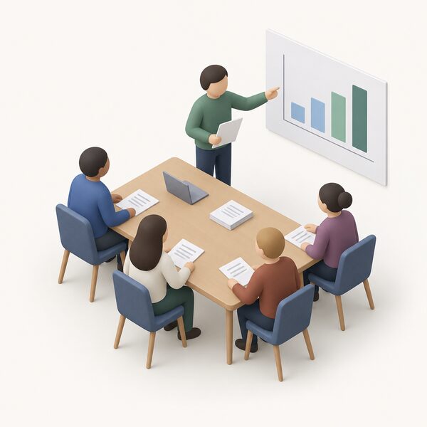 A small committee meeting of four or five simplified isometric advisers in plain clothing seated around a table with papers, one standing and gesturing toward a plain chart sheet on the wall showing simple unlabelled bars, depicting the independent statutory committee giving expert advice on emissions targets.