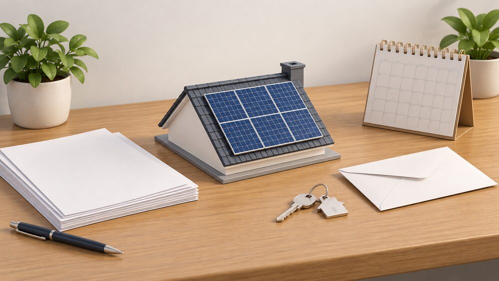 A small rooftop solar panel model stands on a wooden table beside a stack of blank official-looking paperwork, a sealed envelope, a house key and a wall calendar, representing a household inheriting an accredited solar installation from a closed scheme.