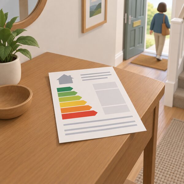 A paper Energy Performance Certificate lying on a table in the hallway of an ordinary English or Welsh house, shown as a physical document with its rating bands as plain colour blocks and blank lines, with no readable words or numbers.