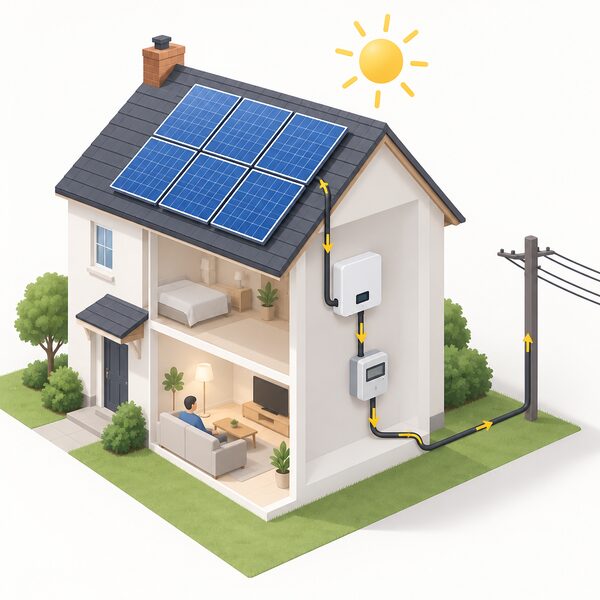 A house roof with solar panels generating electricity, with a cable running down to an inverter and export meter inside, connected onward to the grid so a licensed supplier pays the household for its exports.