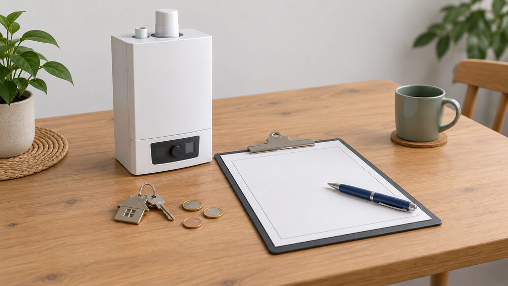 A kitchen table with a blank certificate document and a clipboard lying flat, a pen resting on the clipboard, and a small model of a wall-hung gas boiler standing beside the paperwork, with a house key and a few coins nearby.