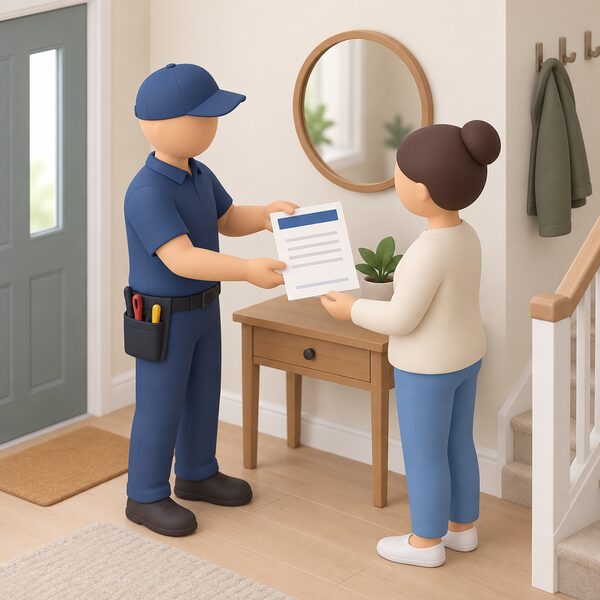 A printed certificate lying on a hall table in a home, handed over by a simplified installer figure standing beside the householder, its content shown only as blank lines and a plain colour band so nothing readable appears.