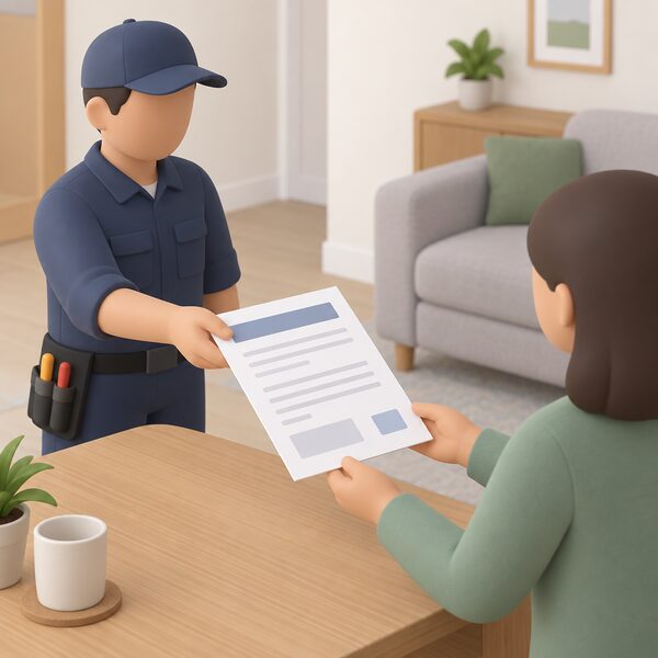A completed Electrical Installation Certificate lying on a table in a home, handed over by a competent person after electrical installation work, shown as a physical paper document with its content as blank lines and plain blocks so no words or figures are readable.