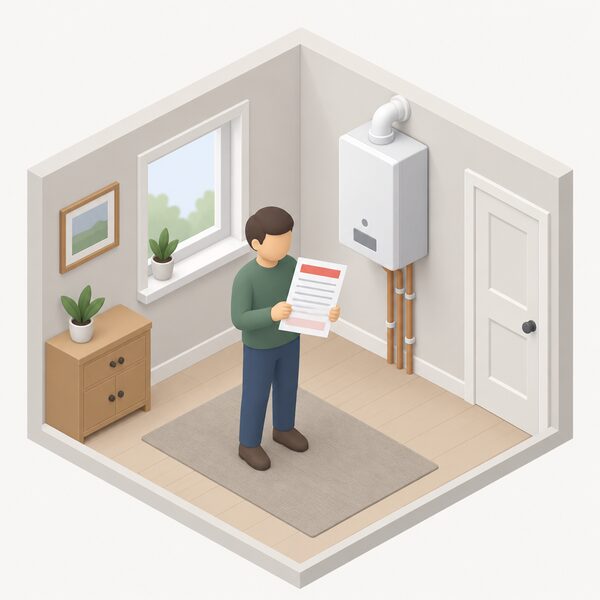 A simplified isometric figure of a homeowner standing in a room of their house holding a paper enforcement notice, shown as a physical document with plain colour bands and blank lines carrying no readable words, with a gas boiler visible on the wall behind.